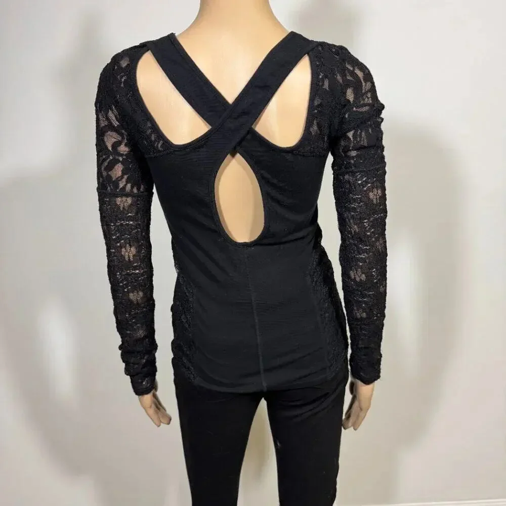 Free People Sweet Thang Blouse Black Lace Top XS Coquette Biker Grunge